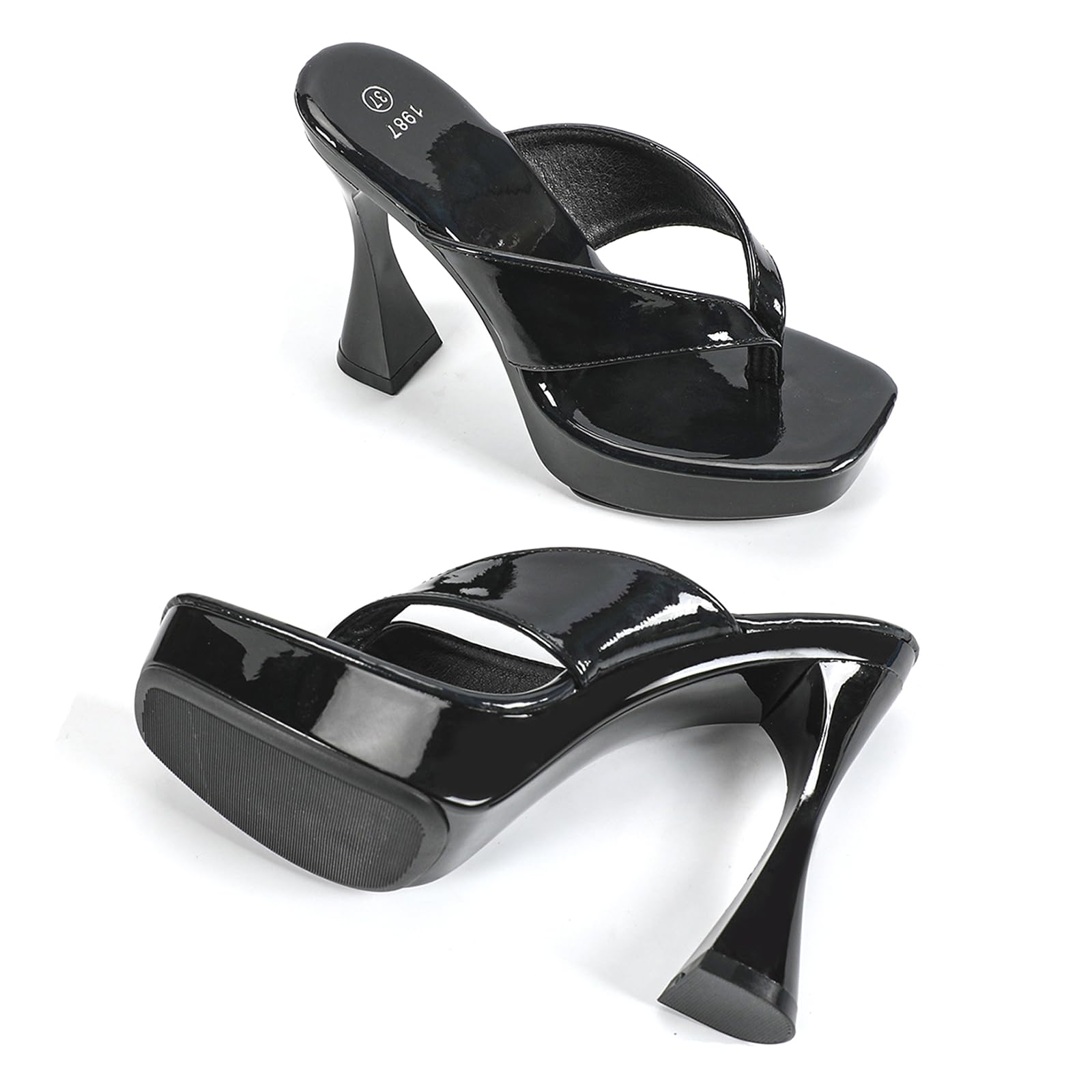 GHIBHNA Women'S Platform Kitten Heel Patent Leather Flip Flops Square Toe Open Toe Slingback Dance Party Sexy Thong Sandals Fashion Nightclub Chunky