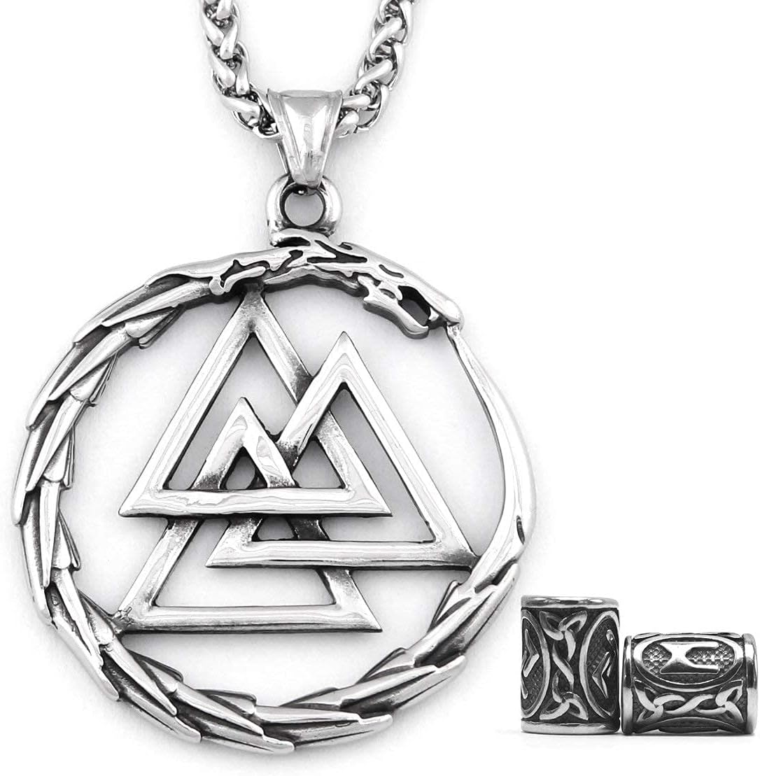 Odin Valknut Pendant Necklace Norse Pagan Jewelry Stainless Steel Viking Jewelry Men, Viking Beard Beads Gift