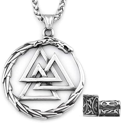 Odin Valknut Pendant Necklace Norse Pagan Jewelry Stainless Steel Viking Jewelry Men, Viking Beard Beads Gift