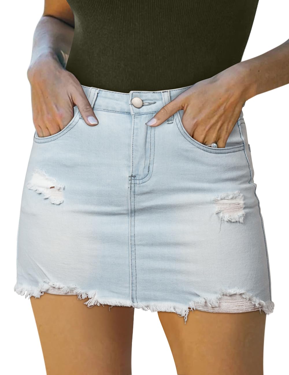 GOBLES Women's Sexy Mid Waist Zipper Closure Frayed Raw Hem Ripped Mini Denim Skirts