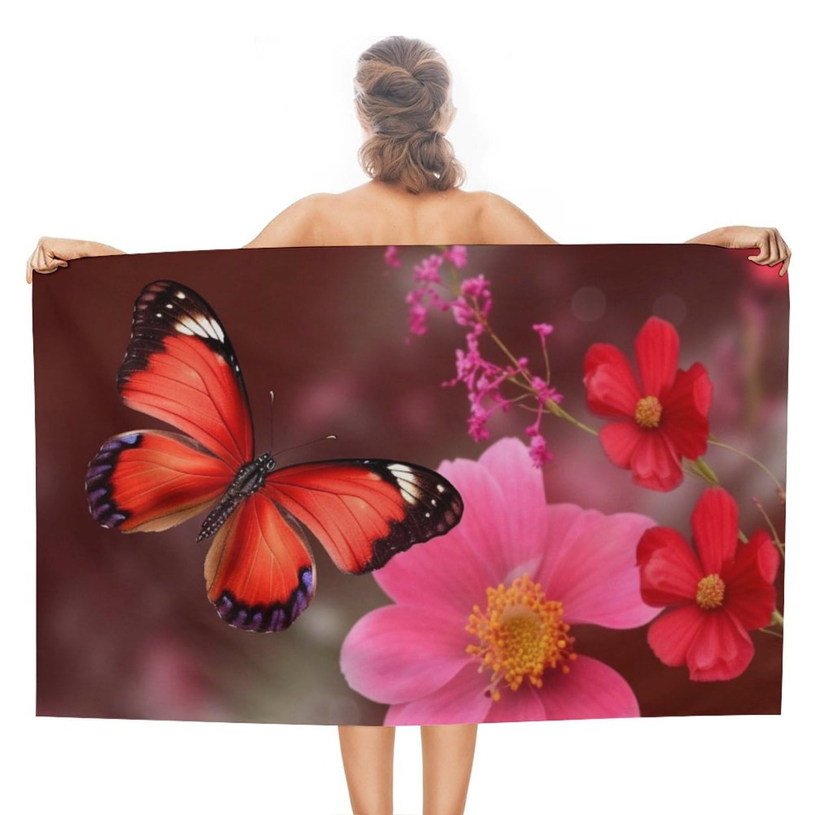 LSRCPD Beach Towels Red Flower And Butterfly Yoga Pool Swim Travel For Men Adults 80X130Cm