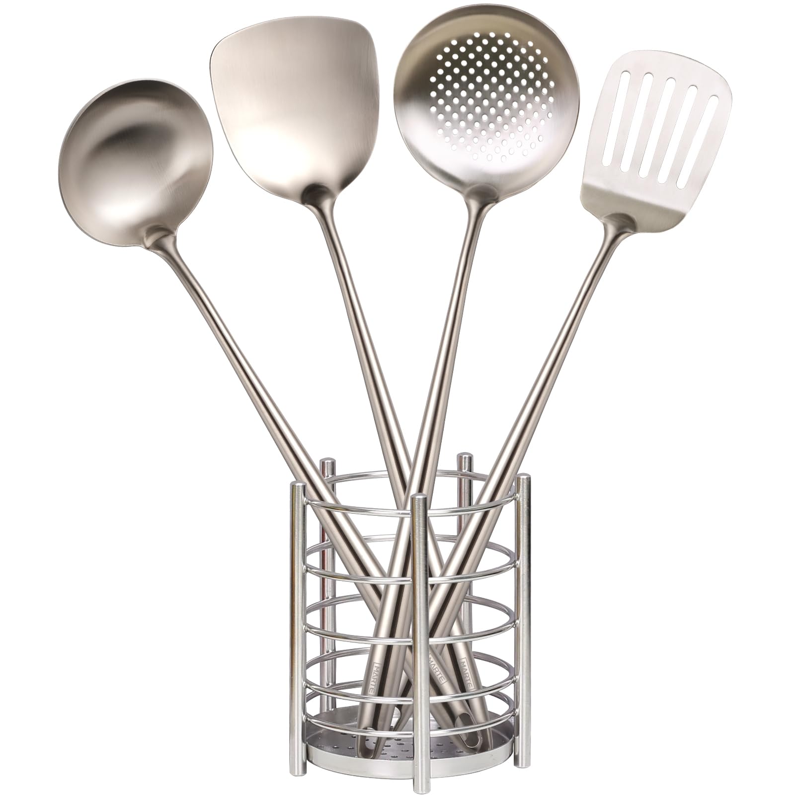 MARTE Juego de utensilios de cocina, 5 piezas de acero inoxidable 304 con soporte, espátula para wok resistente al calor y cucharón, juego de herramientas de skimmer, accesorios para wok y sartenes