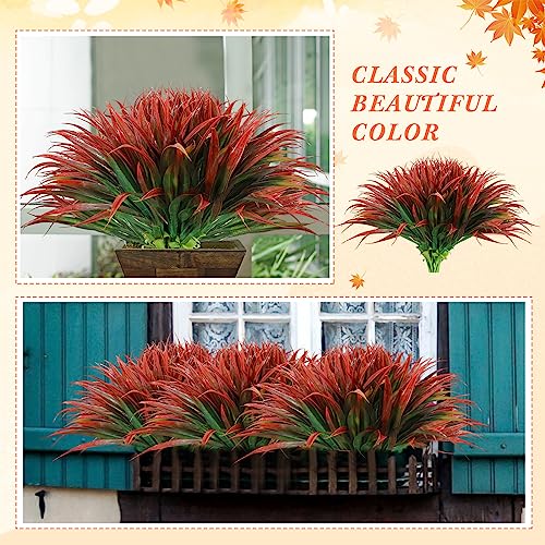 Yuxung 50 Pcs Artificial Tropical Plants Red Faux Fake Grasses Plastic Fake Bushes Tall UV Resistant Greenery for Home Garden Office Patio Window Hanging Planter Pathway Front Porch