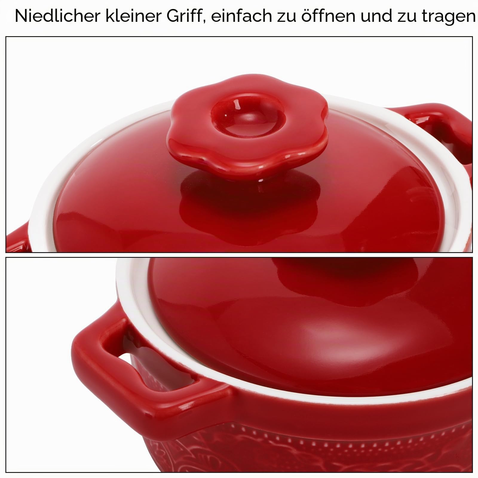 Hacaroa Set mit 6 Mini-Kokotte-Auflaufförmchen mit Deckel, 237 ml, Keramik-Auflaufförmchen mit Griffen, kleine Auflaufformen, individueller Serviertopf zum Backen, Soufflé, Suppe, Schuster, ofenfest,