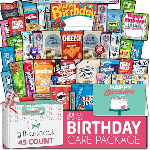 Image of Gift A Snack - Happy Birthday Snack Box Variety Pack Care Package + Greeting Card (45 Count) Bday Sweet Treats Gift Basket, Candies Chips Crackers Bars - Office Food Assortments