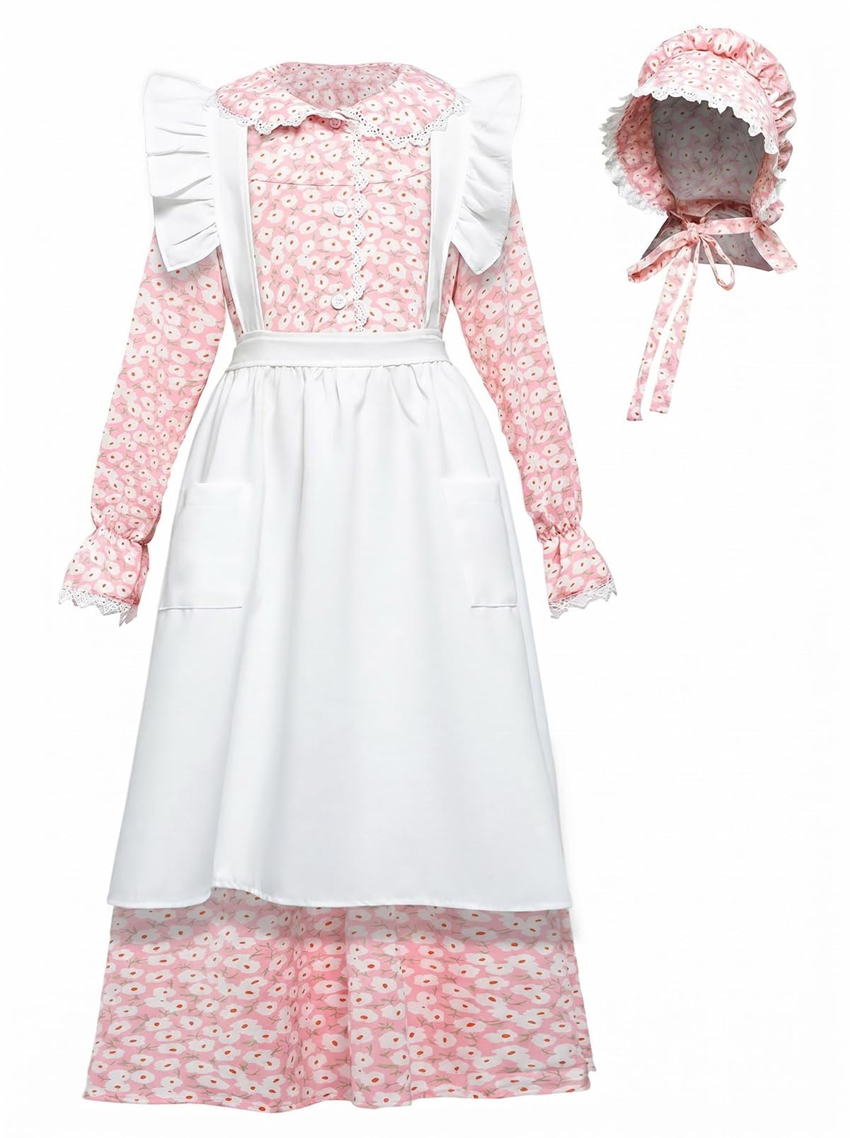 FORTMAC Prairie Dress Girls Pioneer Dress Vintage Long Sleeve Floral Colonial Prairie Costume for Pioneer Day