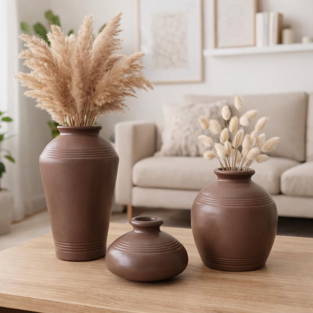 eCraftIndia Ceramic Rustic Farmhouse Vase Set of 3 | Flower Vase for Living Room Bedroom Dining Table Home Decoration | Gift for Housewarming Wedding-image-43