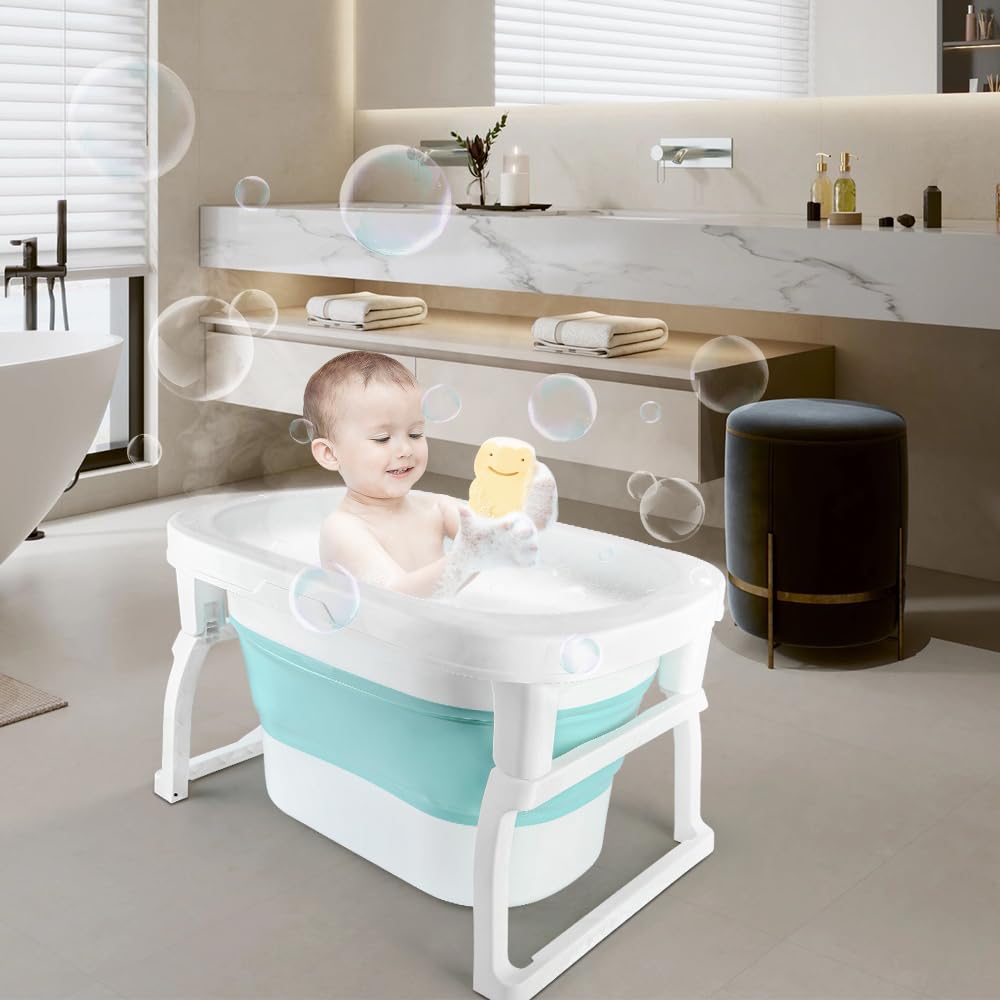 Baby Badewanne Faltbare Babybadewanne, Baby Bathtub Babywanne Wanne Faltbar mit Badewannenhocker, Rutschfeste Tragbare Reisedusche Badebecken Duschwanne für Neugeborene (Blau, 72 * 51 * 42cm)