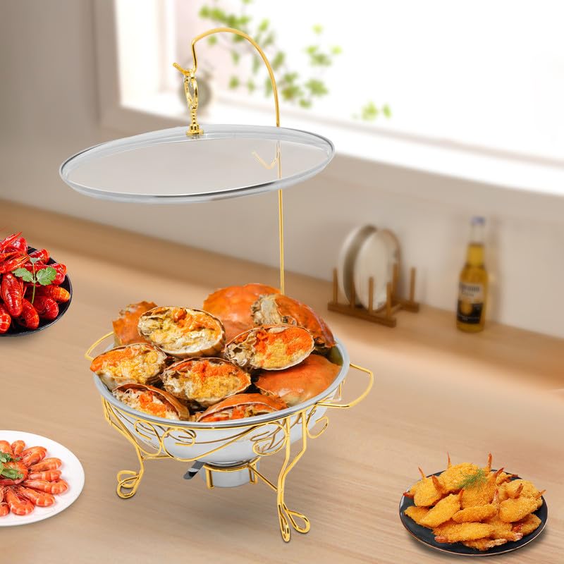 Plato redondo de acero inoxidable de 6 litros con tapa, calentador de alimentos duradero para bufés, catering, bodas y fiestas, retención de calor, asas de fácil agarre, solución elegante para servir