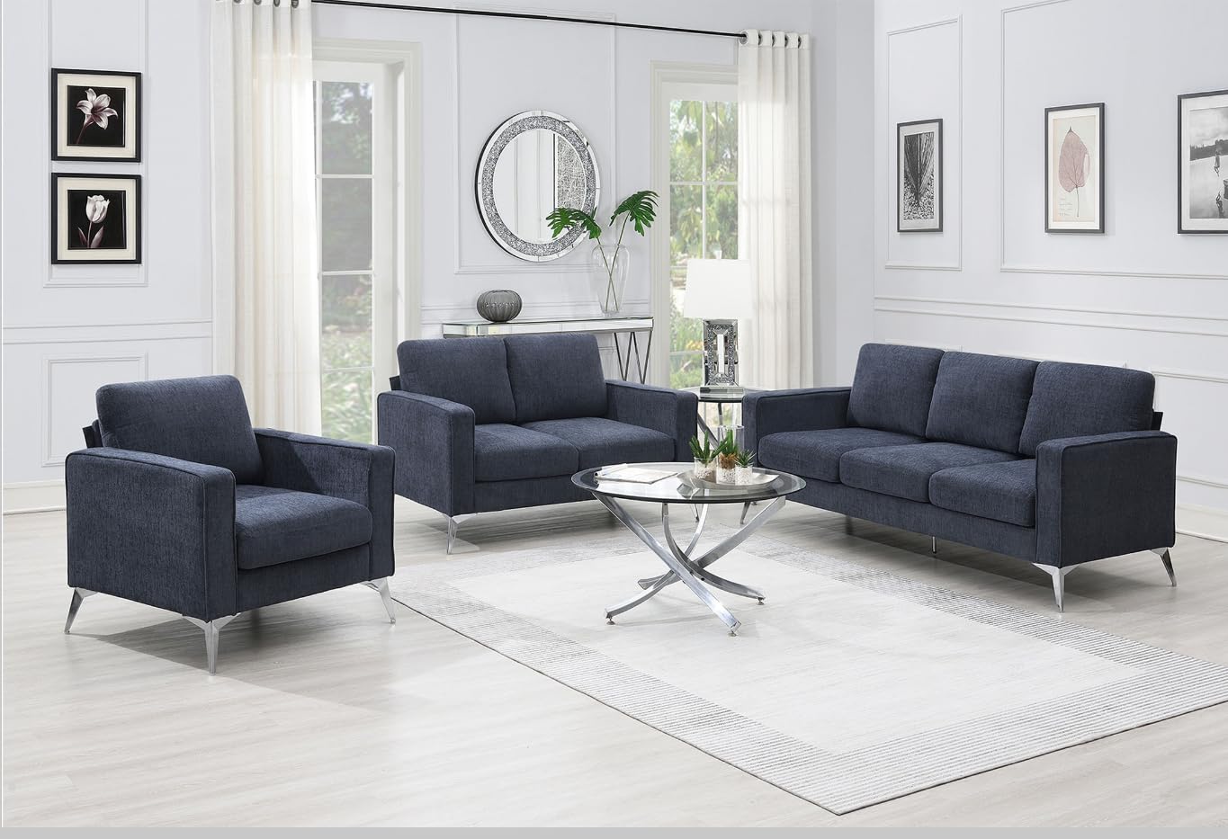 Anwickhomk 3-Piece Modern Sofa Sets with Sturdy Metal Legs,Chenille Upholstered Couches Sets Including 3-Seat Sofa,Loveseat and Single Chair for Living Room and Office