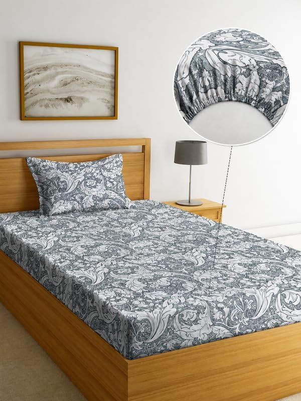 Image of la' amour 240 TC Cotton Fitted Single Bedsheet with 1 Pillow Cover | Elastic Bed Sheet | Soft Breathable Skin-Friendly Fabric | All Season Comfort | 36 x 72 + 6 Inches Ash Grey