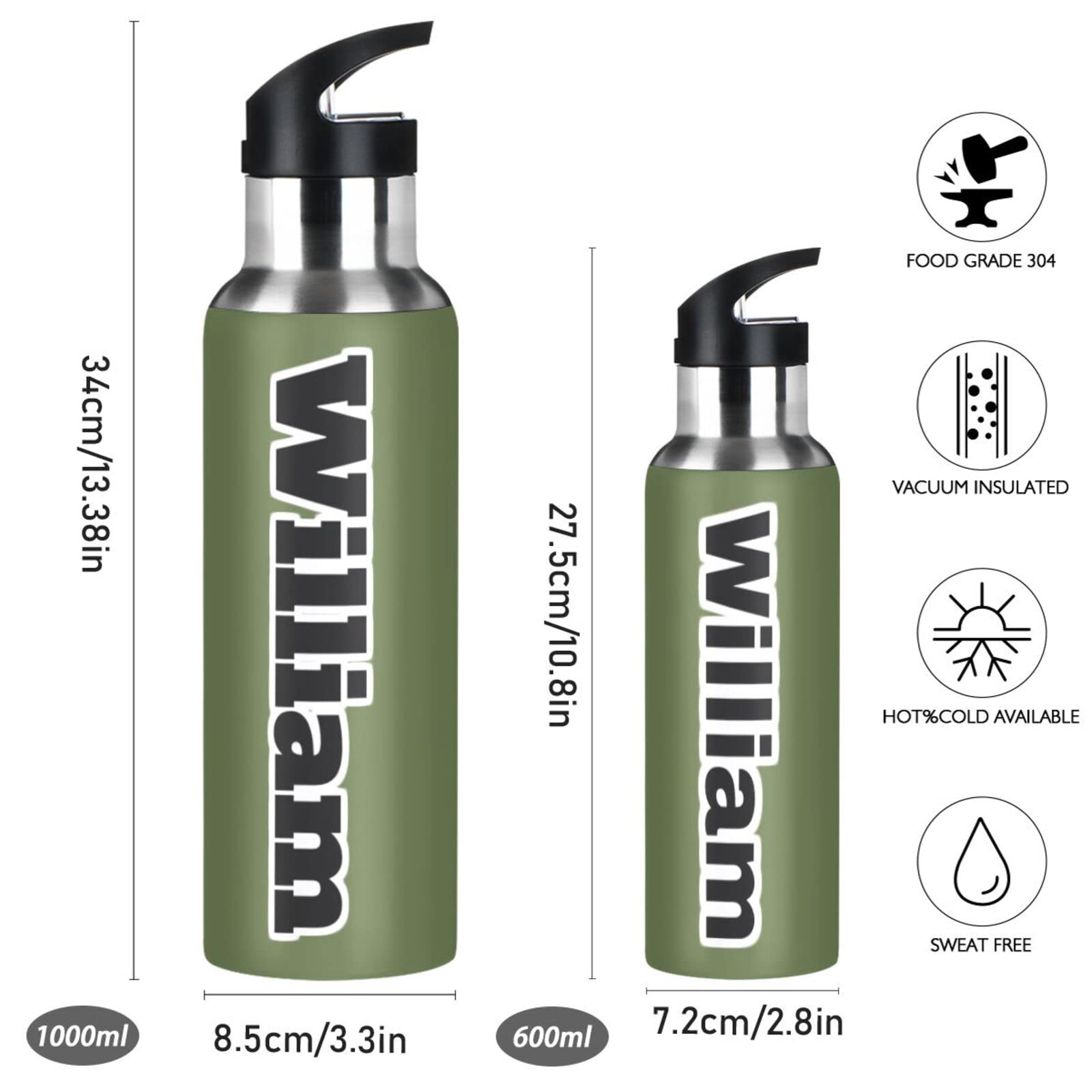 Isolierflaschen mit Griff, 900 ml, Olivgrün, auslaufsicher, mit Strohhalm-Deckel, Trinkflasche Thermoflasche für Wandern, Radfahren, BAP-frei