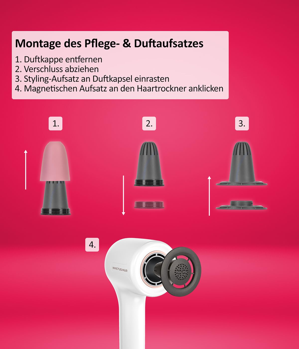 Genius Invictus Föhn Hair D7 Ionen Haartrockner 5 tlg, Reisefön Fön mit 1 Diffusor 3 verschiedene Stylingdüsen, 5 Temperatur- und 3 Geschwindigkeitsstufen, 1600 W Hair Dryer für schnelles Trocknen
