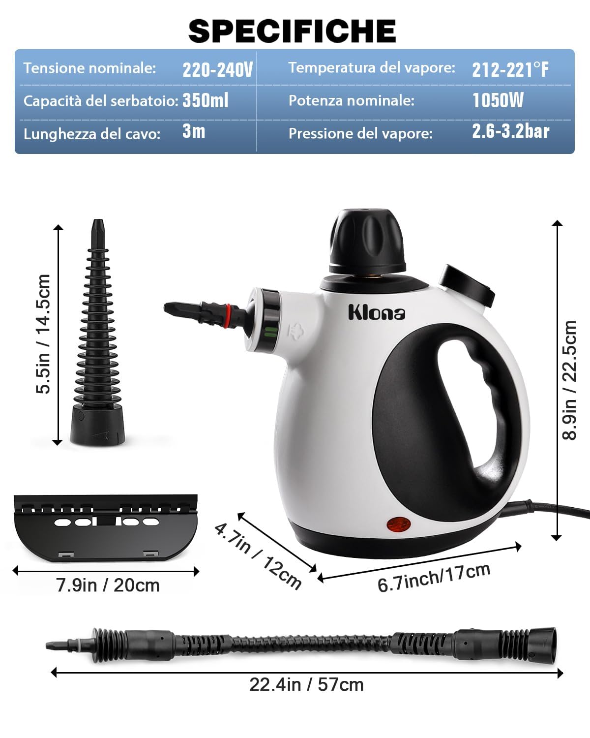 KLONA Pulitore a vapore manuale, pulitore a vapore per la casa, multiuso, con 10 accessori e serratura di sicurezza per tappeti, tende, divani, cucina