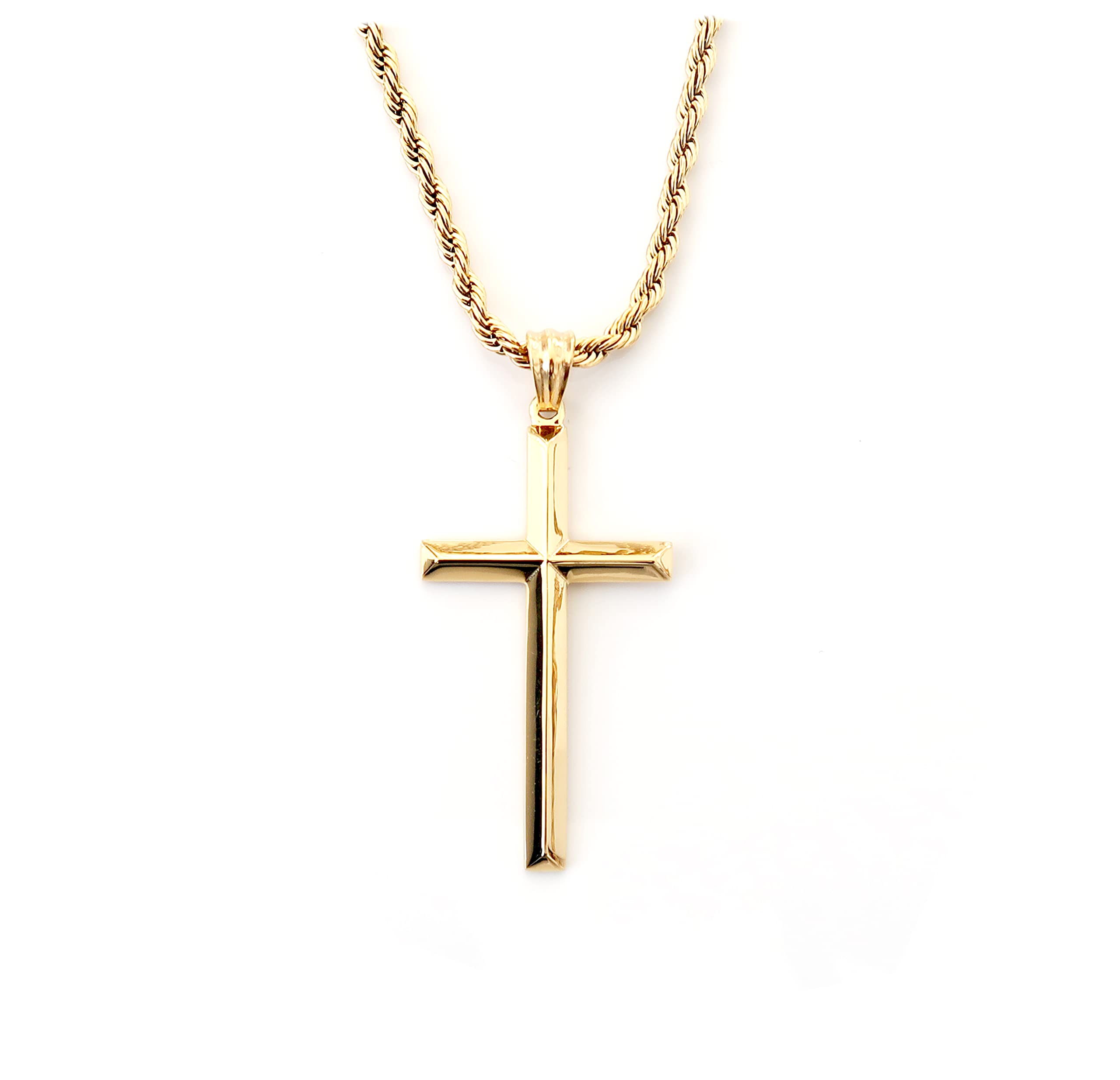 Collar con colgante de cruz de oro de 18 quilates para hombres y mujeres, cadena cubana de cuerda de 3 mm con cierre sólido realmente fuerte, regalo para marido, esposa, bordes