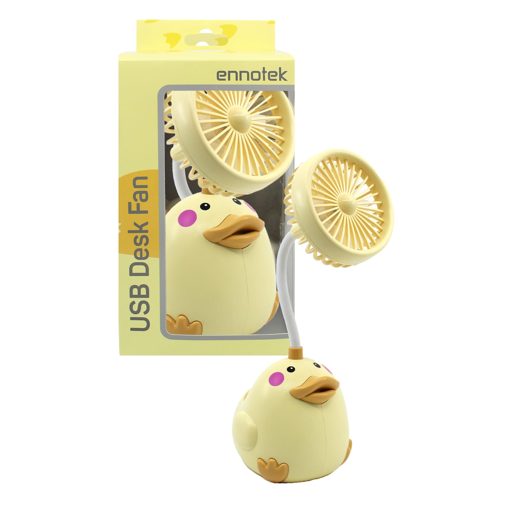Cute Duck Desk Fan, mini USB plug‑in tabletop fan with pen caddie, strong close‑range airflow, kawaii desk accessory for home, office, dorm, study room (Yellow Duck)