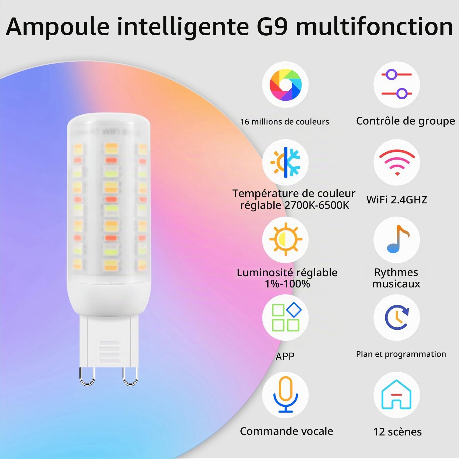 Ampoules LED Wi-Fi RGBCW Smart G9,Compatibles Alexa /Google Home,AC 220V Multicolores à Intensité Variable,2700K-6500K,Luminosité Réglable de 1% à 100%,4W,400LM, Synchronisation Musicale, Pack de 3