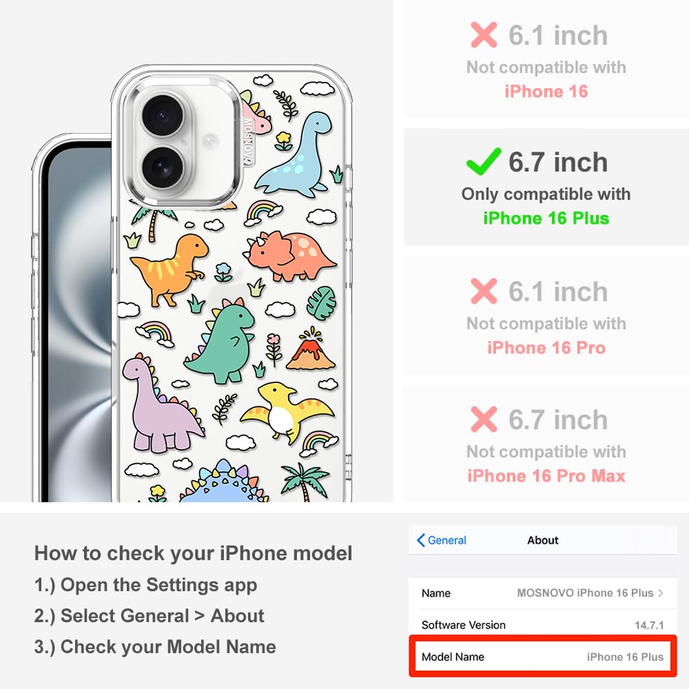 MOSNOVO Case for iPhone 16 Plus, [Buffertech 6.6ft Military-Grade Drop Protection] [Anti Peel Off Tech] Clear TPU Bumper Phone Case Cover Design - Dinosaur Land - 2