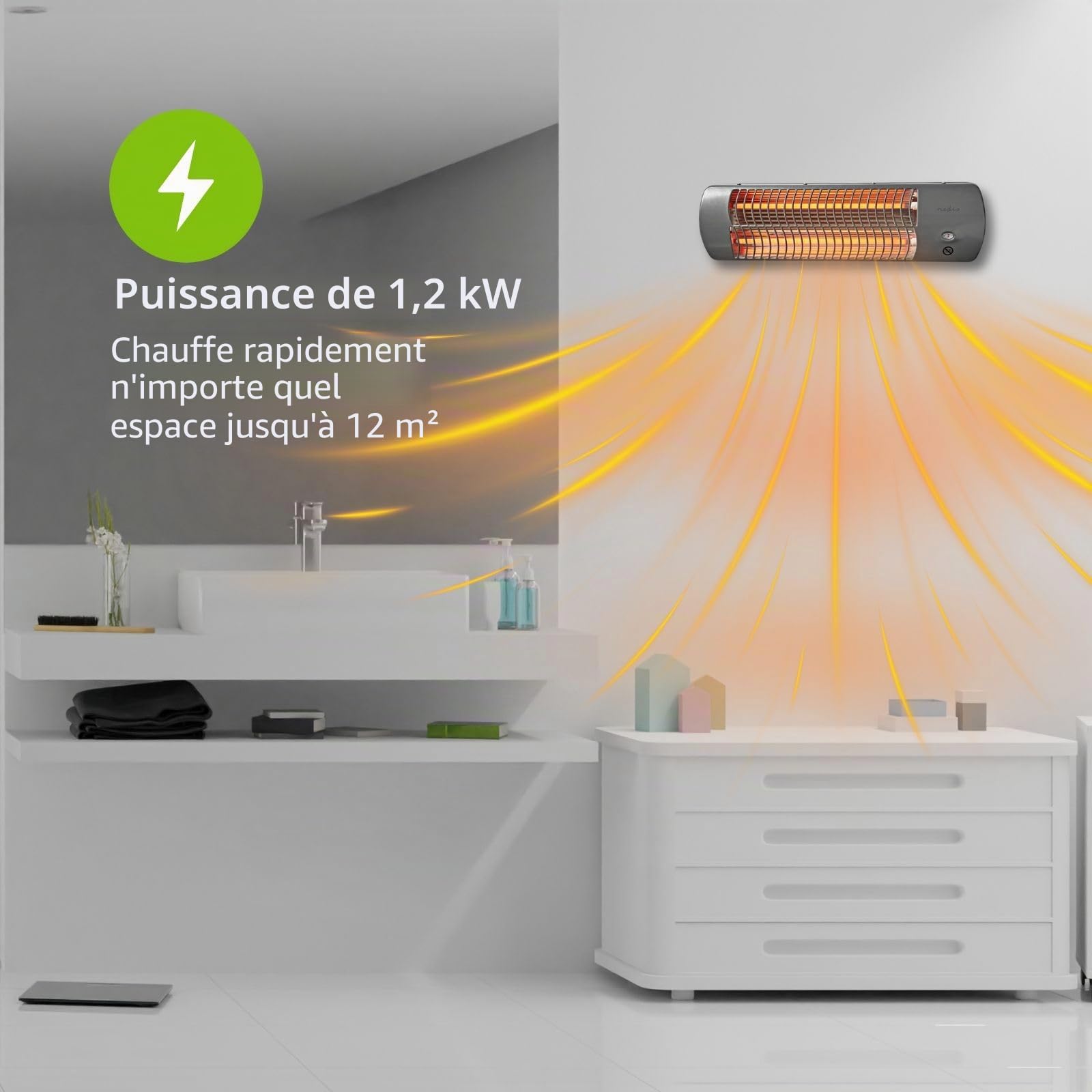 Nedis HTBA10GY Chauffage de salle de bain | 1200 W | Thermostat réglable | 2 modes de chaleur | X4 | Gris