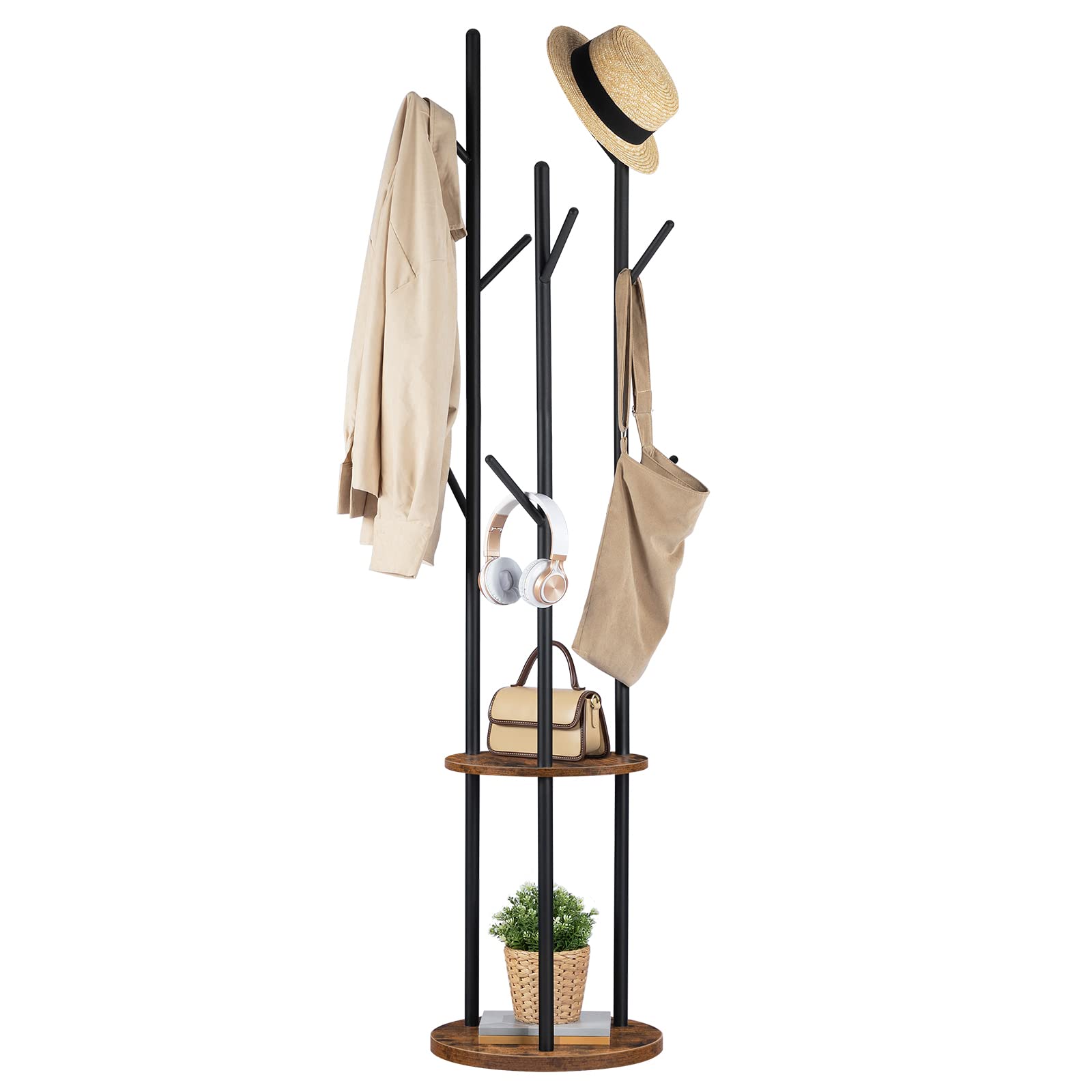 HOOBRO Garderobenständer, Freistehender Kleiderständer, Garderobe in Baumform mit 8 Haken, 2 Runde Ablagen, für Kleidung, Hut, Tasche, Wohnzimmer, Schlafzimmer, BüroDunkelbraun-Schwarz EBF33YM01G1