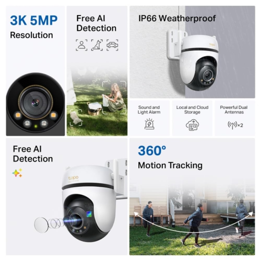 TP-Link Tapo 3K 5MP Pan/Tilt Outdoor Wired Security Wi-Fi Camera, 360° Visual Coverage, Starlight Full-Color Night Vision Up to 98ft, Person/Pet/Venicle Detection,Physical Privacy Mode (Tapo C530WS) - 3