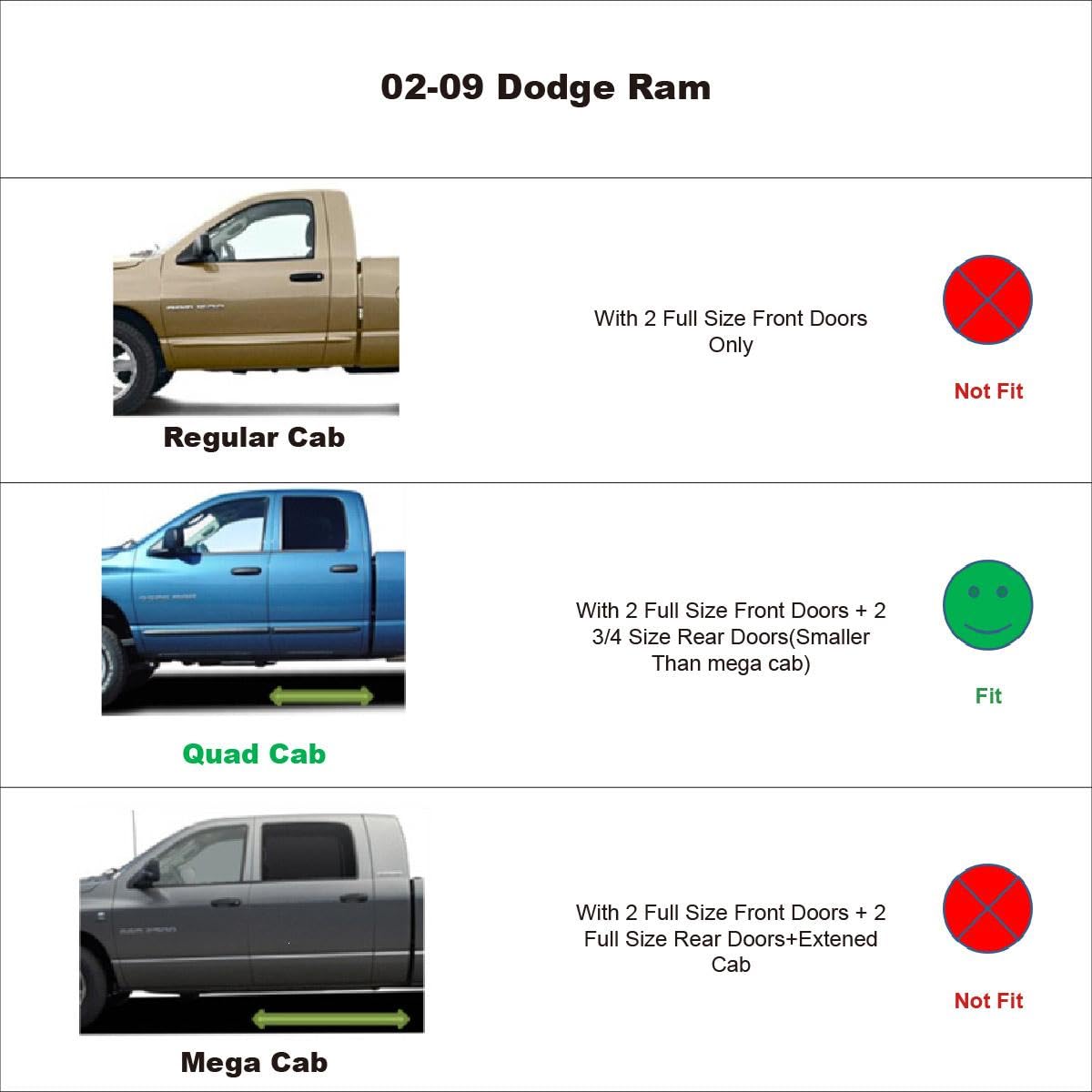 4 deflectores de viento para ventana delantera y trasera, compatible con Dodge Ram Quad Cab 2002-2009, estilo de montaje exterior