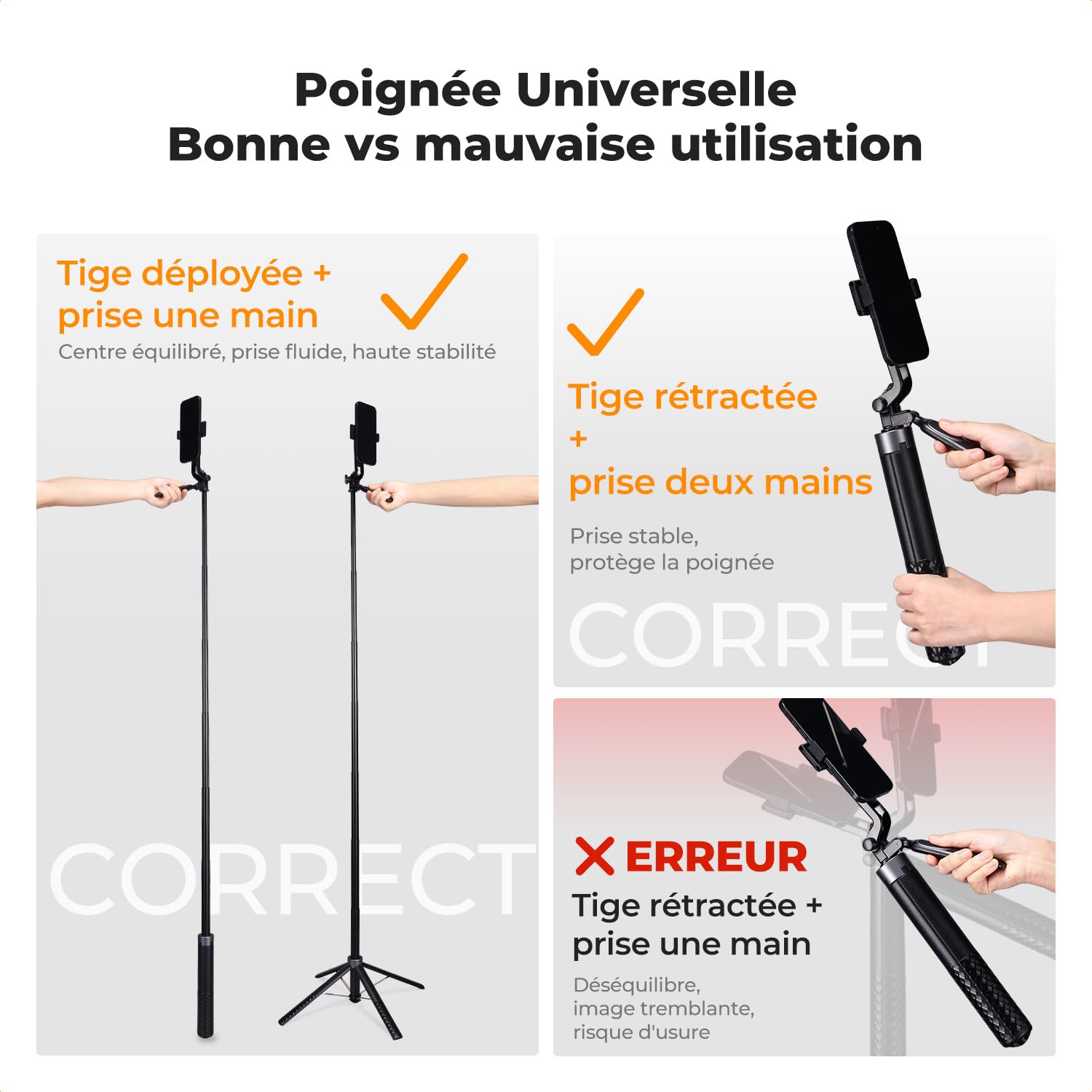 K&F CONCEPT 177cm Trépied téléphone à 4 Pieds avec Poignée Stabilisatrice, Télécommande Bluetooth, Rotation 360°, Perche à Selfie Compatible avec iPhone Android, DJI OSMO Pocket 3/4, pour Voyage Vlog