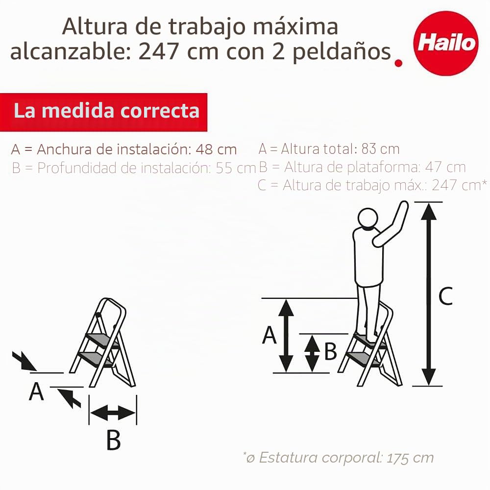 Hailo K30 3960161 Taburete de Aluminio con 2 Peldaños y Esterillas Antideslizantes, Plateado