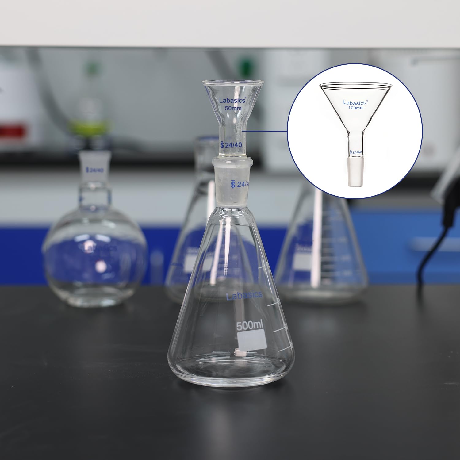 Labasics Imbuto da Laboratorio, Triangolo Imbuto, Imbuto per Polvere a Stelo Corto in Vetro con Diametro Esterno Superiore di 100mm e Interno Giunto 24/40