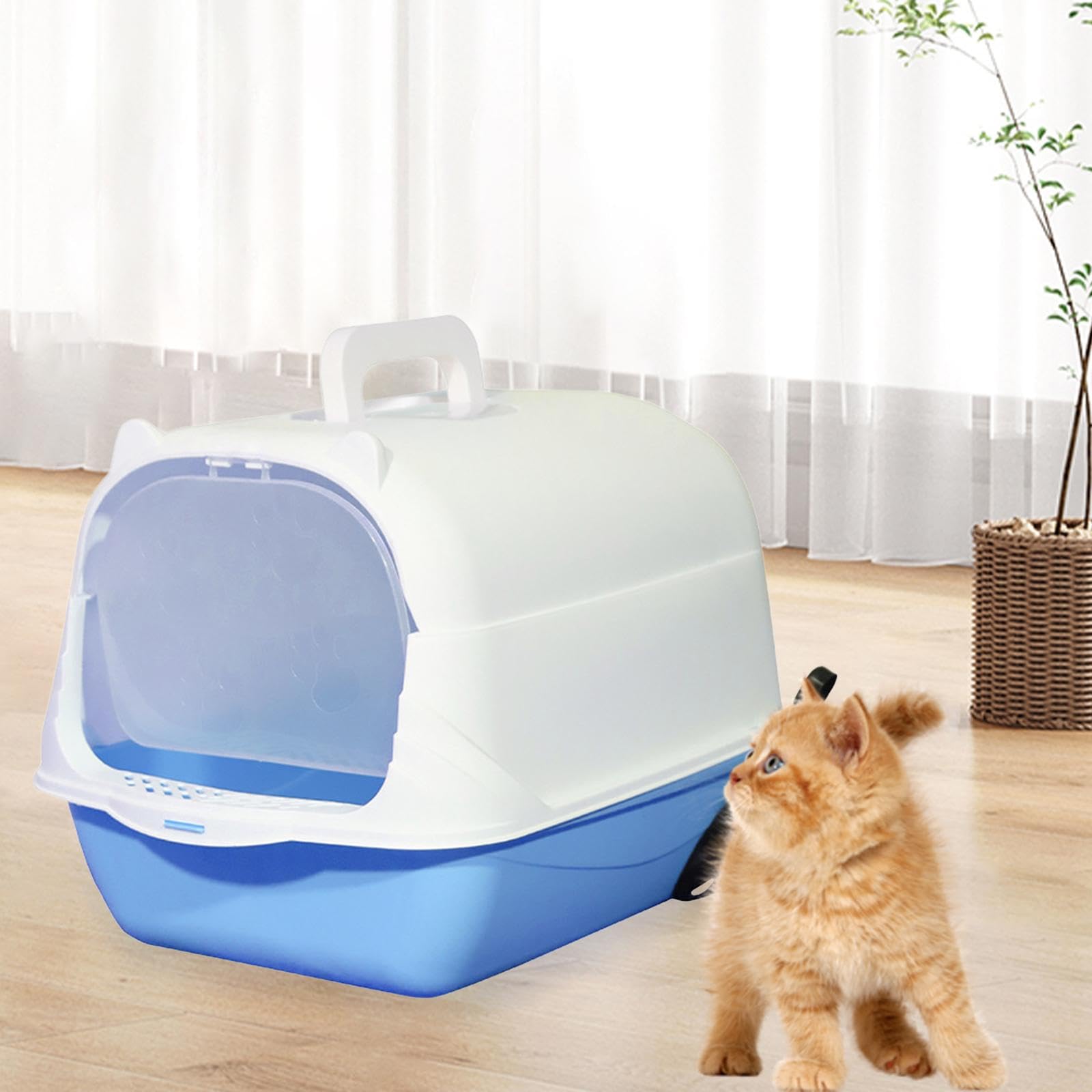 ?????? Hooded Cat Pet Fully Enclosed Cat Toilet Cat Litter Tray Kitten Potty, Blue