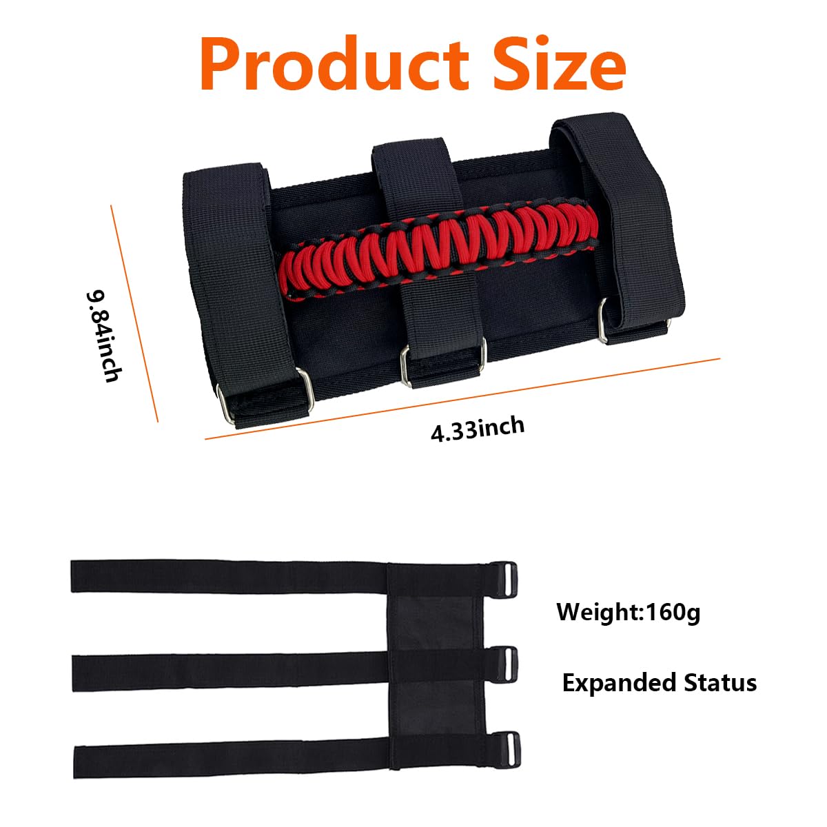 Kewucn 2 Pack Car Roll Bar Grab Handles Grip Handle with 3 Straps, Easy to Install and Durable Grab Handle Set, Compatible with 1987-2023 Wrangler YJ TJ JK JKU JL JLU & Gladiator JT (Red)