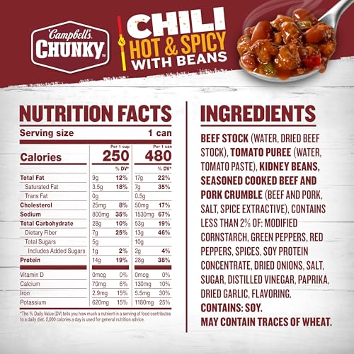 Image of Campbell's Chunky Hot and Spicy Chili With Beans, 16.5 oz Can (Pack of 12)
