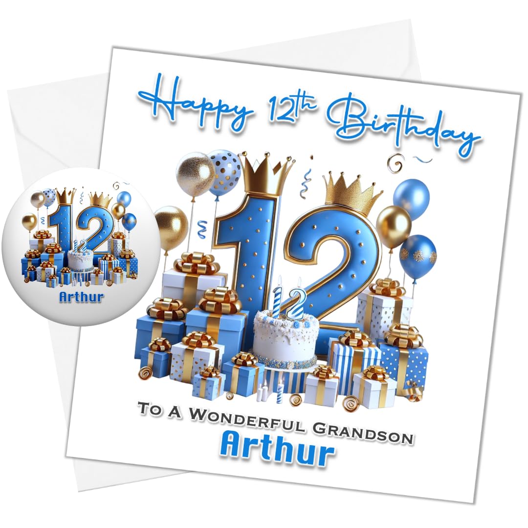 Personalised 12th Boys Birthday Card with matching Badge for Friend Son Brother Nephew Grandson Godson Twelfth Twelve Today (Card & Button Badge)