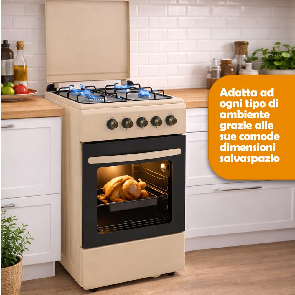 BAKAJI Cocina de exterior de alimentación a gas con horno y 4 fuegos, cocina con quemadores y parrillas extraíbles de hierro fundido con mueble y encendido ergonómico, ideal para exteriores e