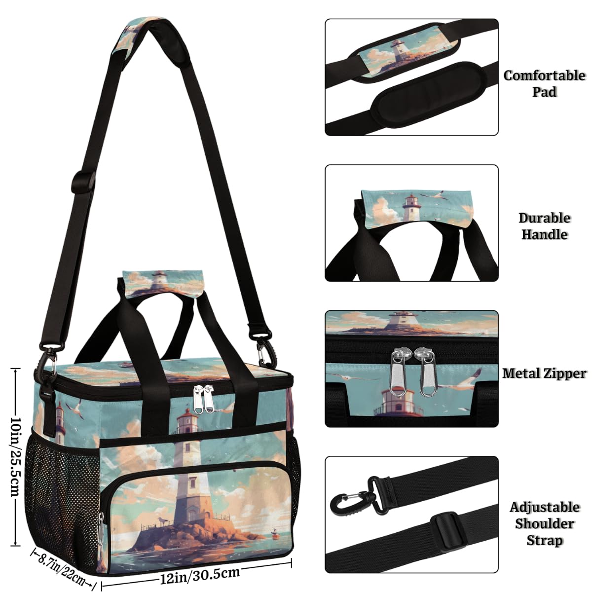 Seagull Insulated Picnic Backpack Lunch Box for Women Men Picnic Basket Tote Lunch Bag Picnic Bag Portable Lunch Bags for Picnic, Beach, Work, Trip,Office, Camp Lighthouse