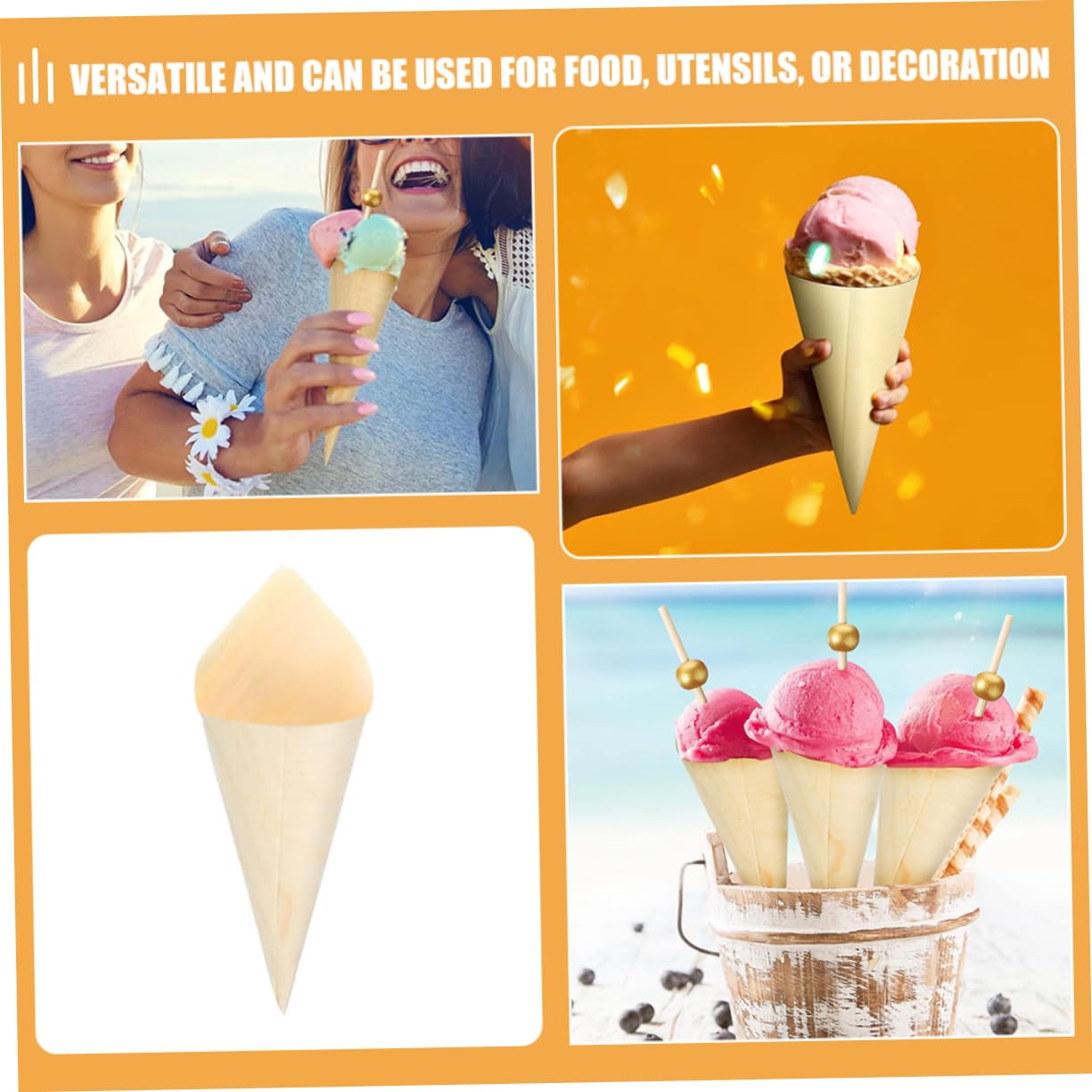 CIYODO 2sets Dessert Cones Wooden Ice Cream Cones Disposable Food Holder Easy to Clean Perfect for Events 100pcs*2