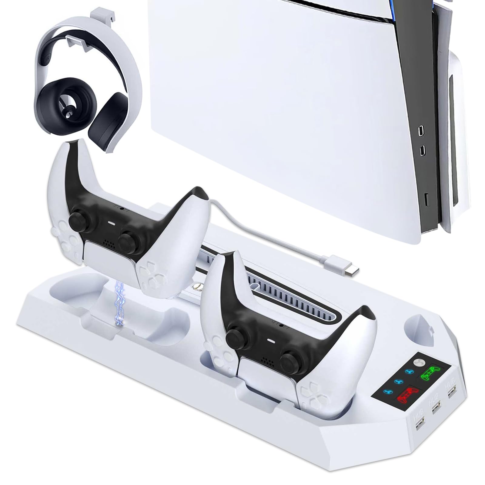 PS5 Ständer Multifunktions-Ständer mit 3 USB-Anschlüssen & Kühlfunktion – Vertikale Ladestation für 2 Controller + Headset-Halterung, Kompatibel mit Allen Modellen (Slim/Digital/Pro)