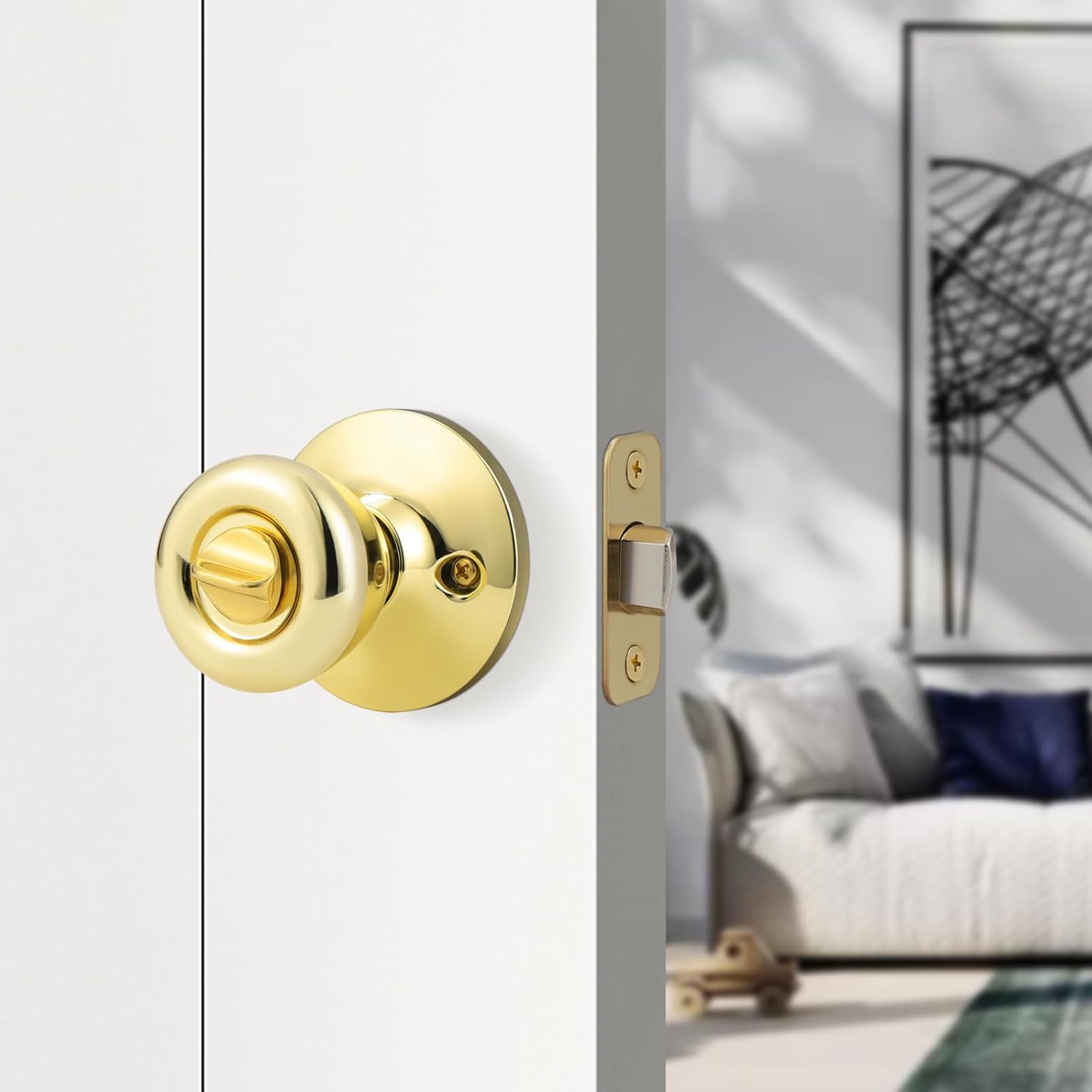 GOBEKOR 5 Pack Door Knobs Bedroom Brass Interior Round Door Knobs with Lock Polished Brass Privacy Door Knobs for Bathroom