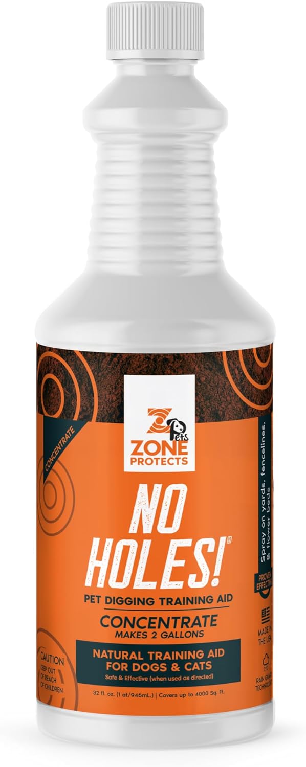 Zone Protects No Holes! Digging Prevention Concentrate. Stop Digging Dogs. Stop Dogs and Cats from Digging. Safe, Effective. Saves 80%. Makes Two Gallons