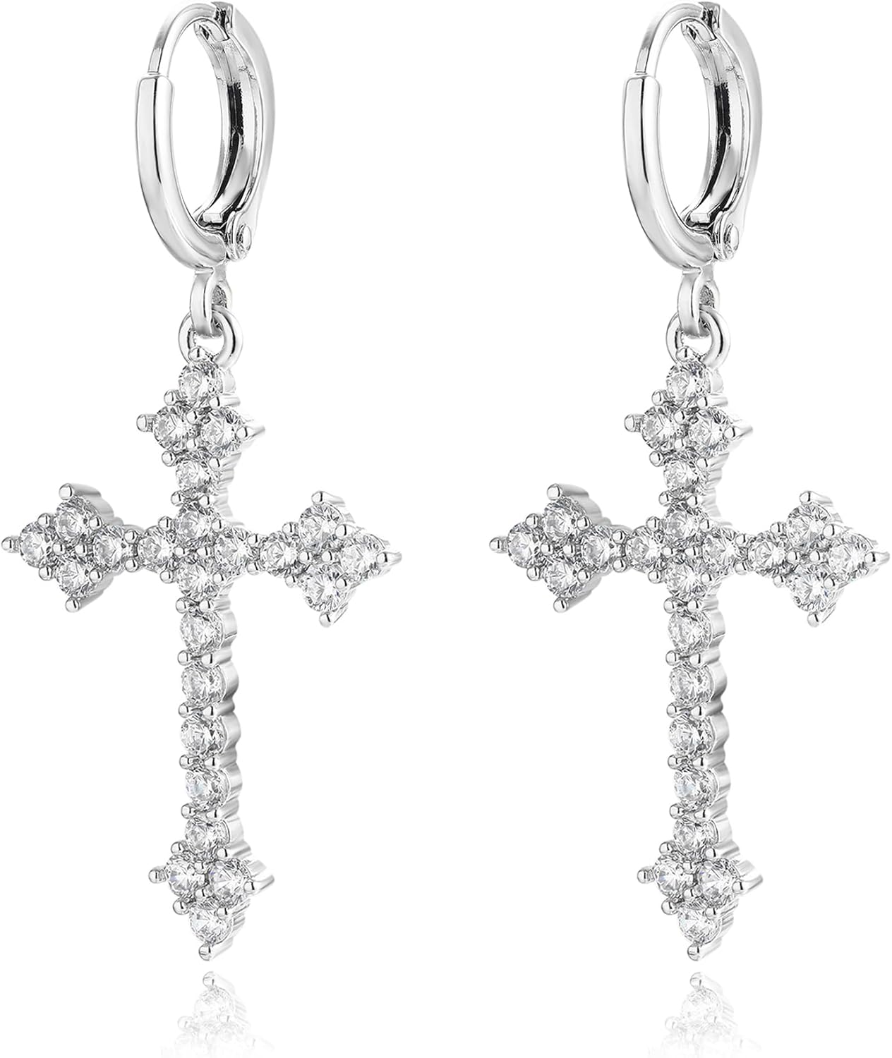 Dangle Cross Hoop Earrings for Women Men 14K Gold Plated Drop Earrings CZ Huggie Hoops Dangling Diamond Cubic Zirconia Earrings