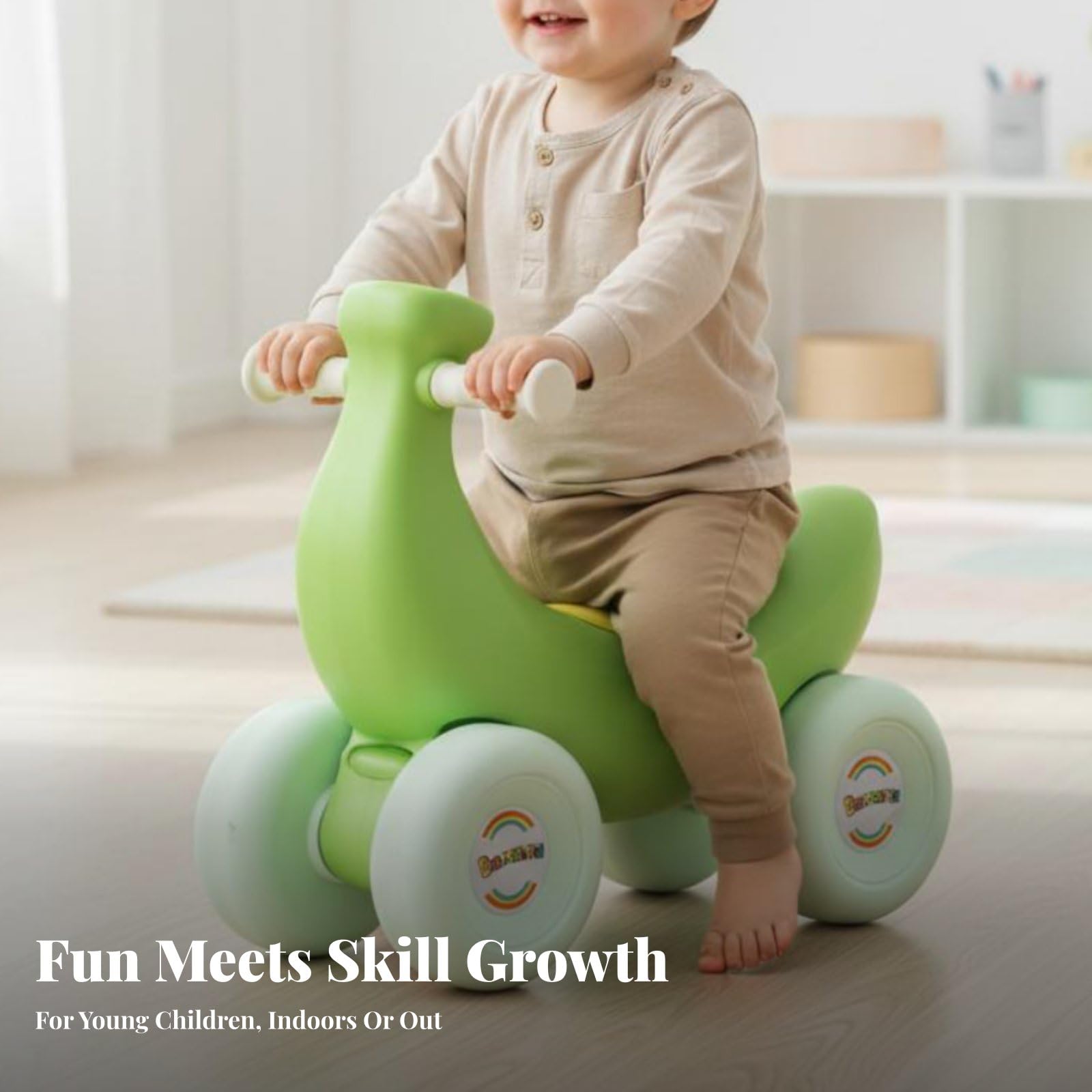 Cavallo a Dondolo per Bambini con Struttura Stabile a Ruote E Forma Originale a Banana in Plastica Robusta Adatta per Sviluppare Equilibrio E Divertimento, Verde