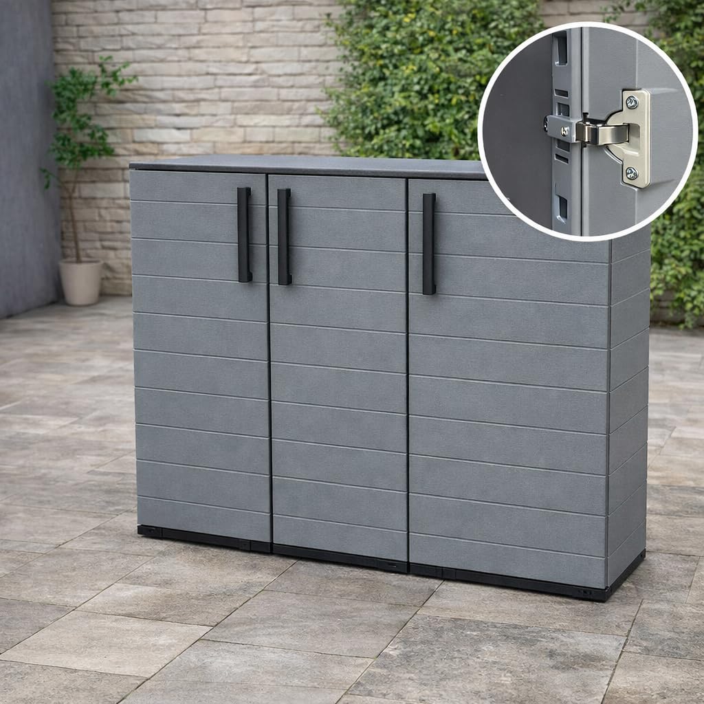 Armadio Basso 3 Ante da Esterno 102x37x84h cm Ripiani Regolabili - Antiusura, Idrorepellente, Chiusura a Scatto, Robusto, Anti odore, Lavabile - Plastica Eco Sostenibile Grigio
