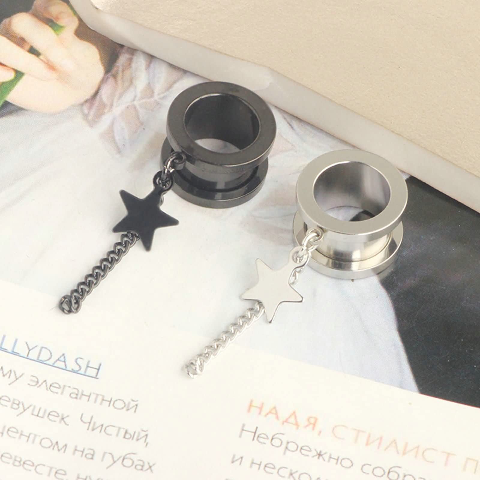 Kolczyki ze stali nierdzewnej, zatyczki do uszu, dla mężczyzn, z łańcuszkiem i gwiazdą, tunele do uszu, wiele rozmiarów, 2 szt