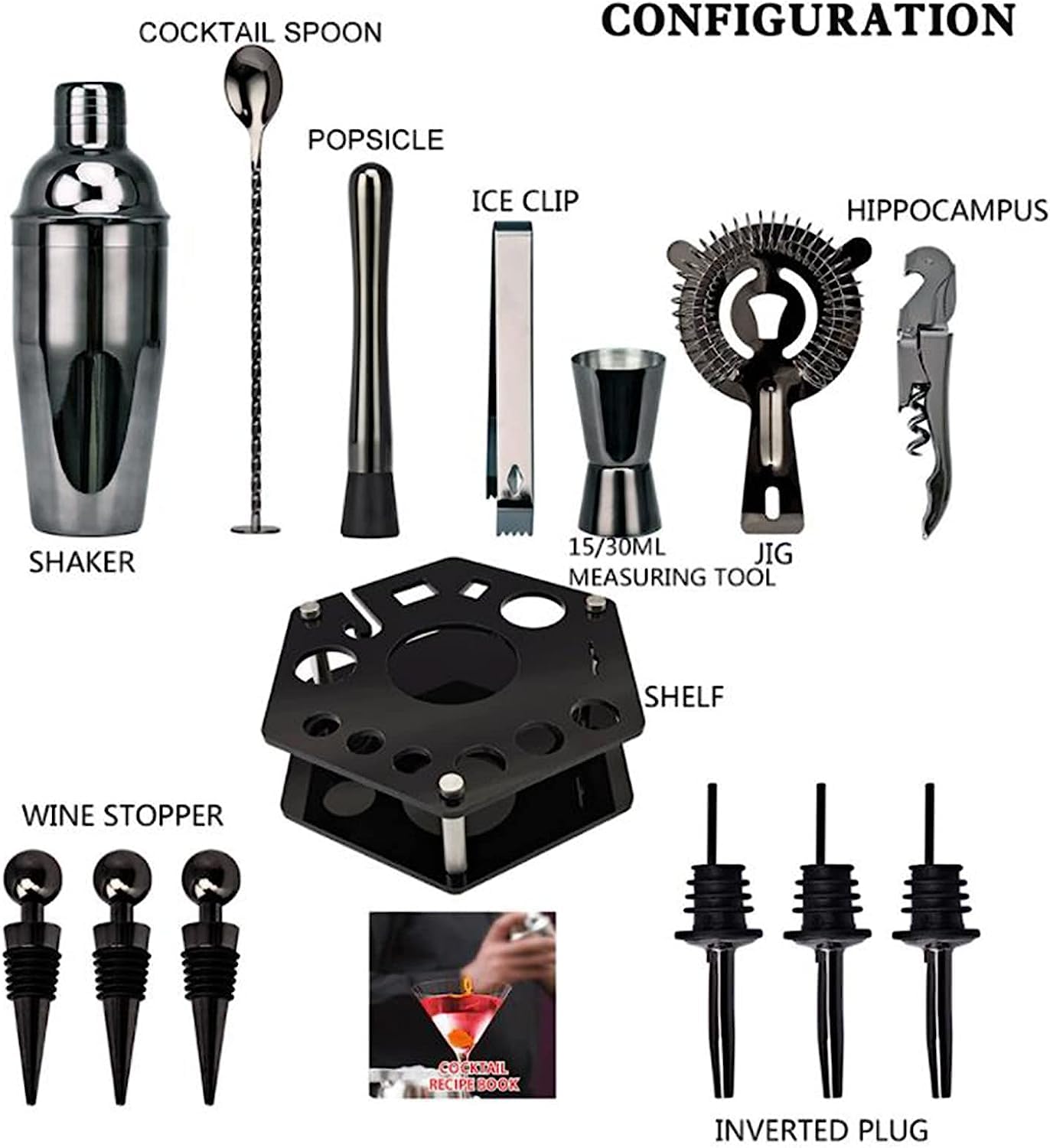 Shaker Cocktail Kit Barman Kit Da Barista Da 750 Ml Set Da 14 Pezzi Per Cocktail In Acciaio Inossidabile Con Supporto Girevole Set Cocktail Set Barman (Color : Black, Size : 750ml)