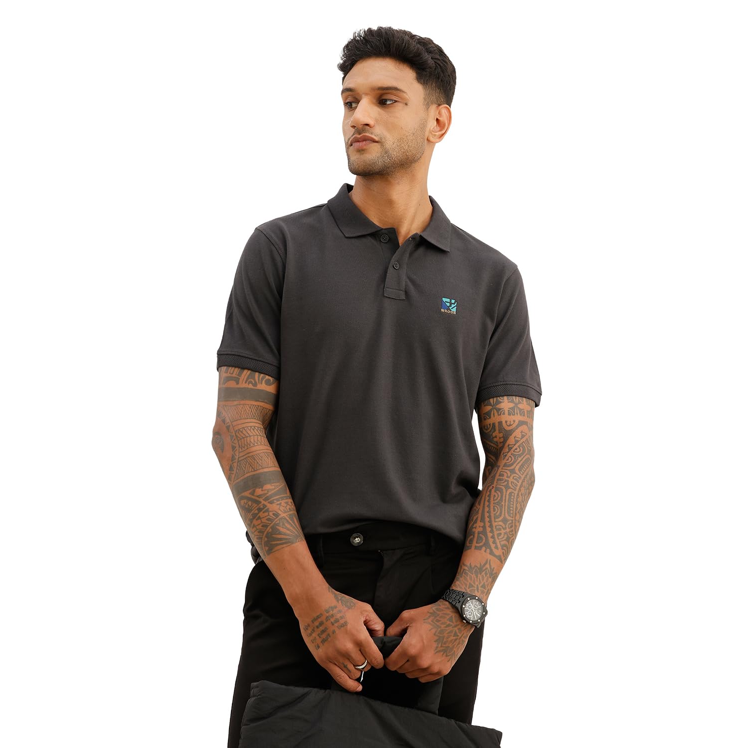 wrogn Men's Classic Embroidered Patch Polo T-Shirt | Grey-picture-13