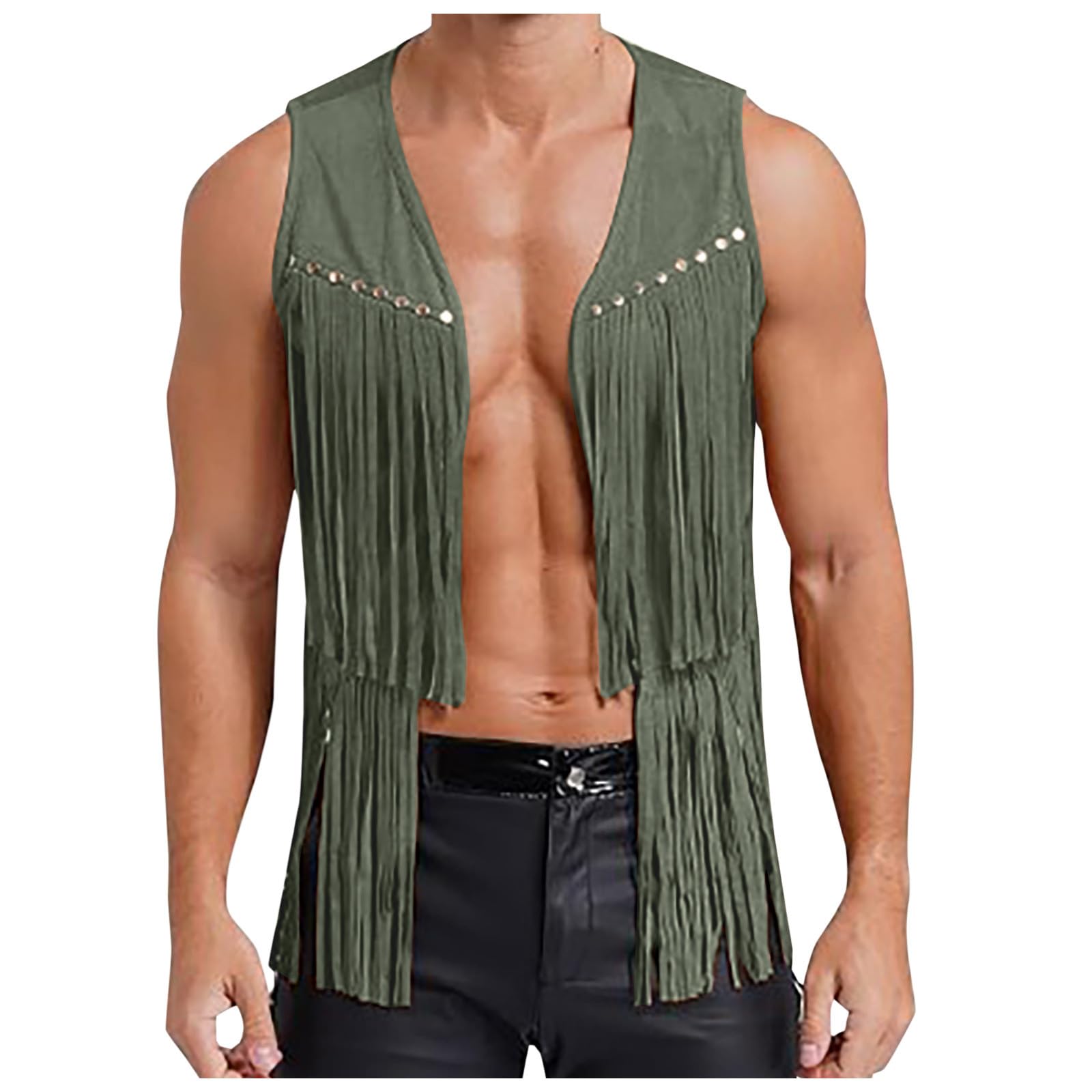 Retro Cowboy Waistcoat for Men Open Front Tassel Vest Faux Suede Leather Gothic Steampunk Design Ideal for Hippie Costume, Cosplay and Halloween Outfits