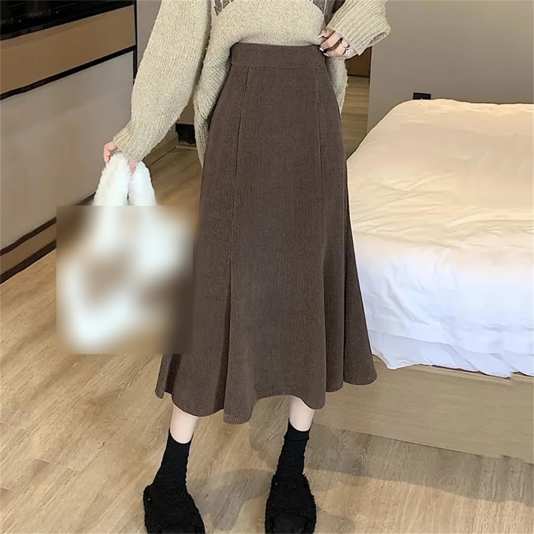 Yeuyyben Velluto a coste Gonna Lunga Donna Autunno Inverno Increspature Vita Alta Midi Gonne Donna Indietro Gonne Elastiche