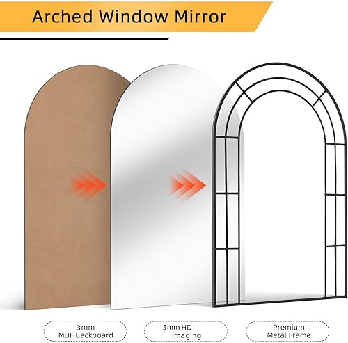 Miniatura 3 de Muzilife Espejo de ventana arqueado de 31 x 47 pulgadas, espejo de pared de baño con marco de metal pulido a mano, verticalmente para decoración de