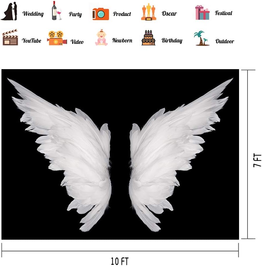 Vinyl 10x7ft Angel Wings Backdrop, Black and White Angel Feather Wings Photography Backdrops for Newborn Kids Birthday Baby Shower Party Photo Backdrop Banner BJYYPH11