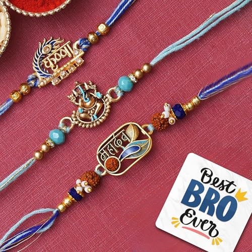 Image of eCraftIndia Set of 3 Mahadev, Krishna, Ganesha Religious Designer Rakhis, Best Bro Ever Fridge Magnet with Roli Chawal Pack - Rakhis for Brother, Bhabhi, Kids